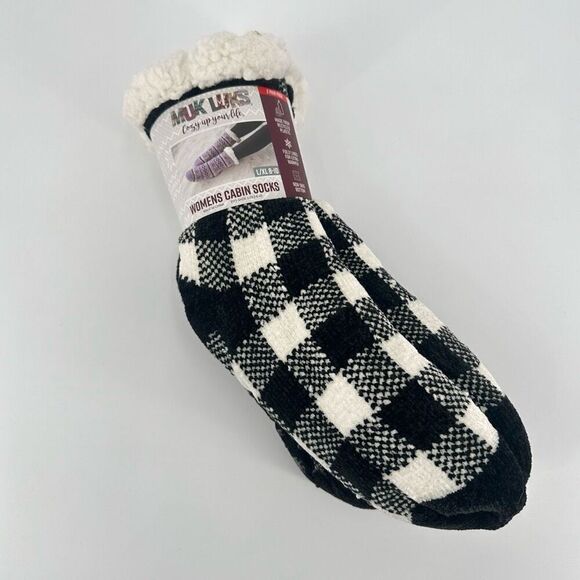 NWT Muk luks Faux Sherpa Lined Cabin Socks L/XL  Black & White‎ Plaid Large XL - Picture 1 of 4
